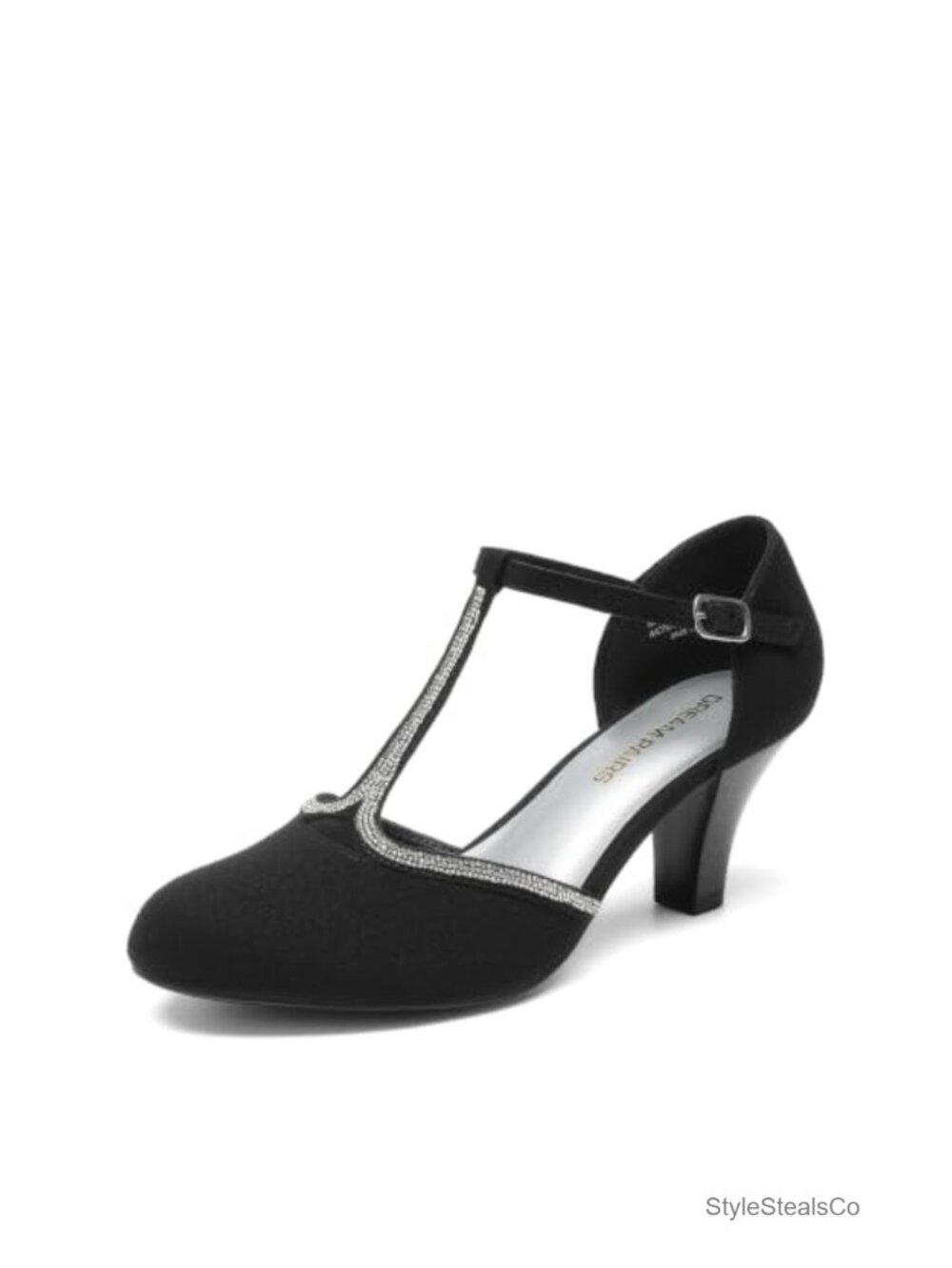 T-Strap Block Heel Pumps Faux Suede Rhinestone Women's Dress Heels
